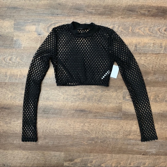 LUX LA | Black Net Long Sleeve Crop-Top - Picture 1 of 6